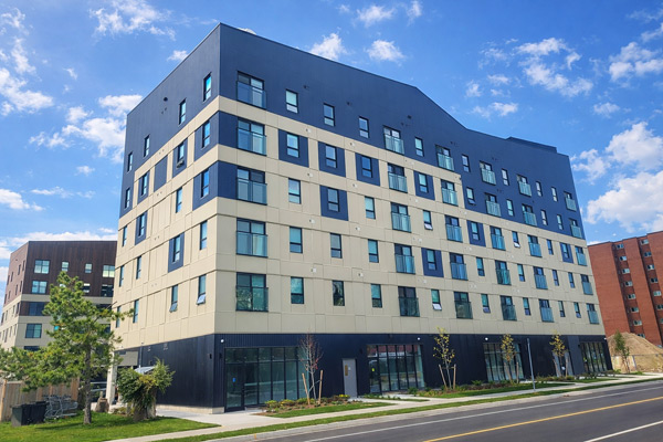 Architectural rendering of a mass timber mid-rise housing project