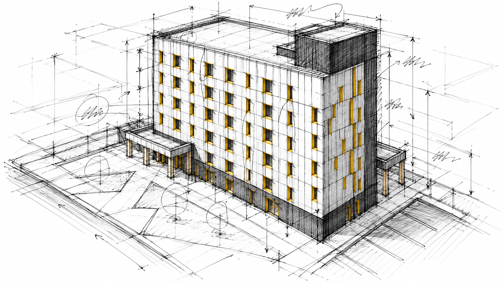 Stylized 3D perspective sketch of a six-storey housing building with yellow window accents