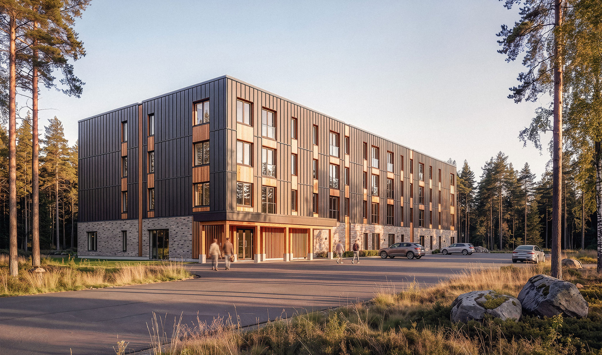Architectural rendering of a mid-rise housing building in a northern forest setting